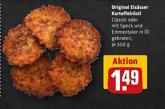 Original Elsässer Kartoffelrösti Classic oder mit Speck und Emmentaler in Öl gebraten, je 100 g