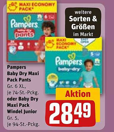 Pampers Baby Dry Maxi Pack Pants Gr. 6 XL oder Baby Dry Maxi Pack Windel Junior Gr. 5