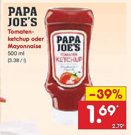 PAPA JOE'S Tomatenketchup oder Mayonnaise 500 ml