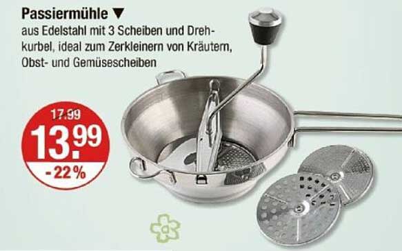 Passiermühle aus Edelstahl mit 3 Scheiben und Drehkurbel
