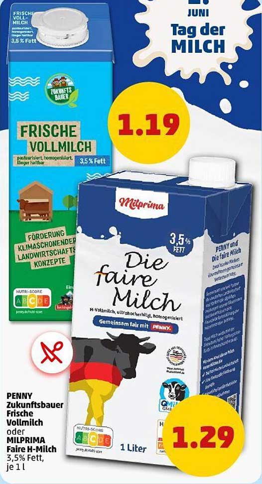 PENNY Zukunftsbauer Frische Vollmilch oder MILPRIMA Faire H-Milch, 3,5 % Fett, je 1 L