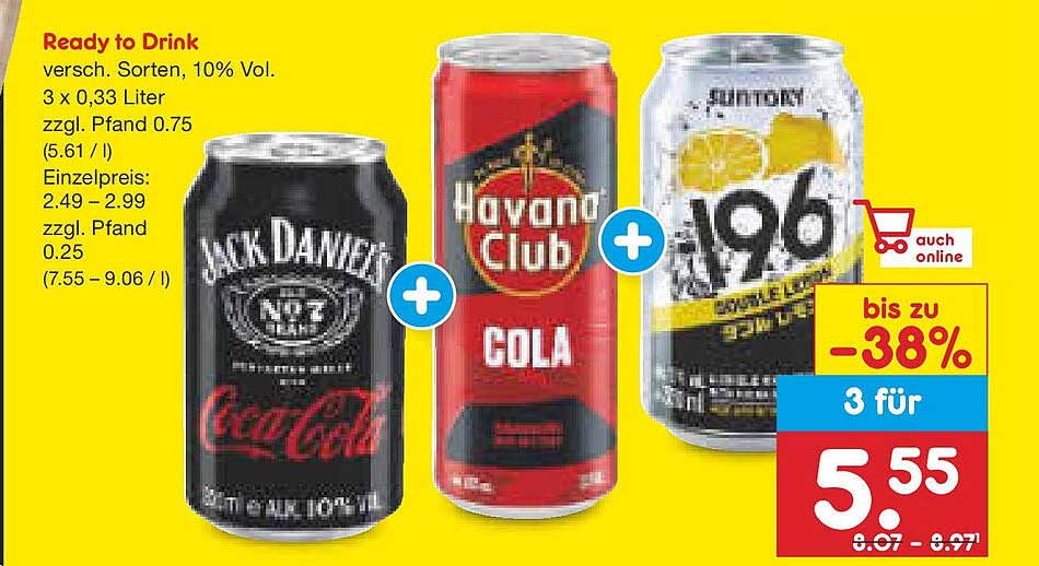Ready to Drink - 3er Pack (Jack Daniel's & Cola, Havana Club Cola, Suntory 196 Lemon)