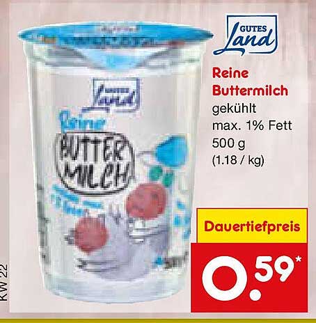 Reine Buttermilch gekühlt max. 1% Fett 500 g