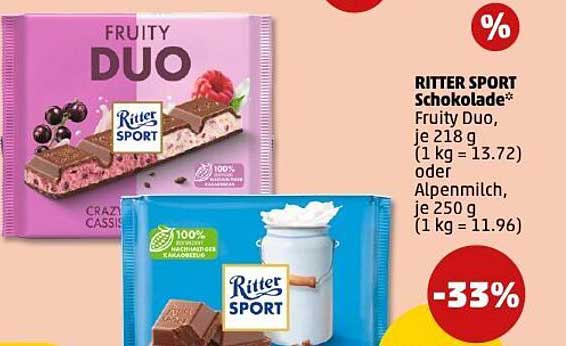 RITTER SPORT Schokolade: Fruity Duo, 218 g oder Alpenmilch, 250 g