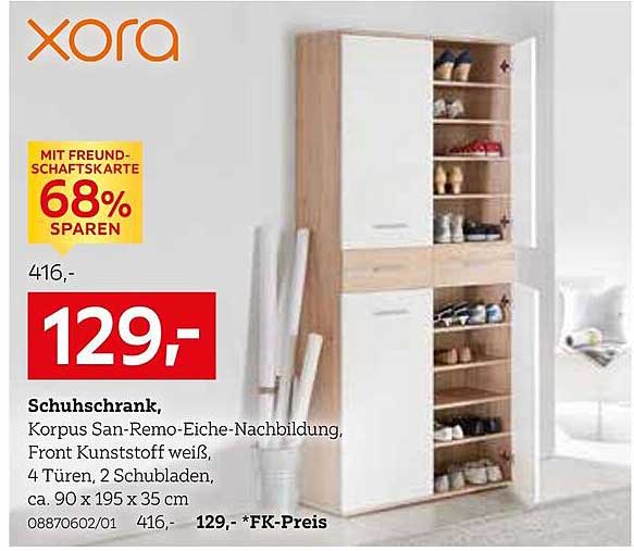 Schuhschrank - Korpus San-Remo-Eiche-Nachbildung, Front Kunststoff weiß