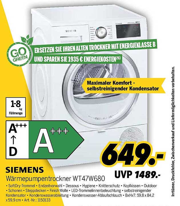 Siemens Wärmepumpentrockner WT47W680