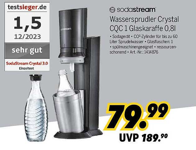 SodaStream Wassersprudler Crystal CQC 1 Glaskaraffe 0,8l