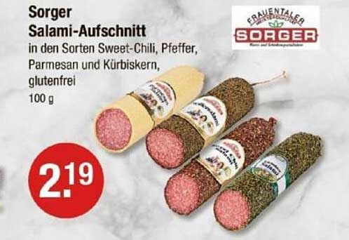 Sorger Salami-Aufschnitt in den Sorten Sweet-Chili, Pfeffer, Parmesan und Kürbiskernen, glutenfrei (100 g)
