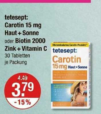 tetesept: Carotin 15 mg Haut + Sonne oder Biotin 2000 Zink + Vitamin C - 30 Tabletten je Packung