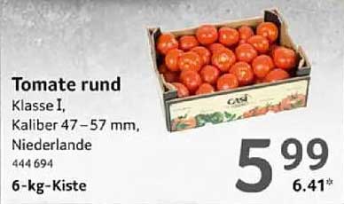 Tomate rund, Klasse I, Kaliber 47 – 57 mm, 6-kg-Kiste
