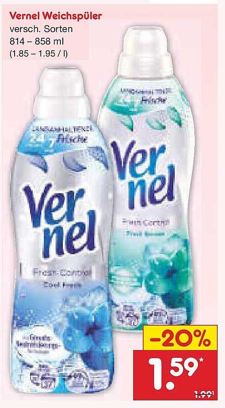 Vernel Weichspüler, verschiedene Sorten 814 – 858 ml (20% Rabatt)