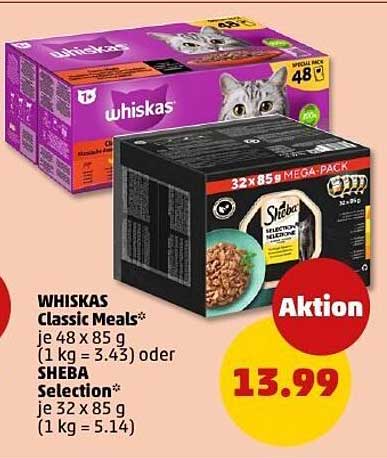 Whiskas Classic Meals und Sheba Selection im Vorteilspack