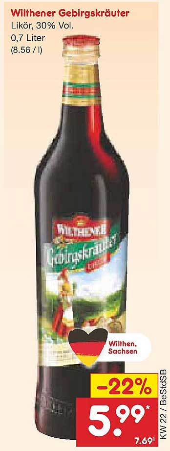 Wilthener Gebirgskräuter Likör, 30% Vol., 0,7 Liter