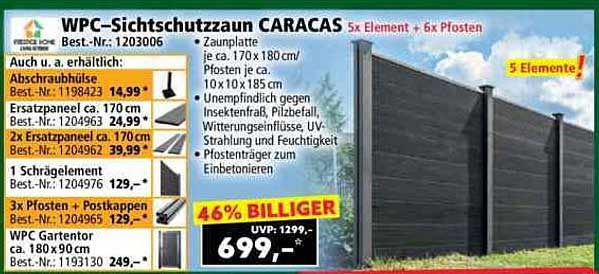 WPC-Sichtschutzzaun CARACAS 5x Element + 6x Pfosten