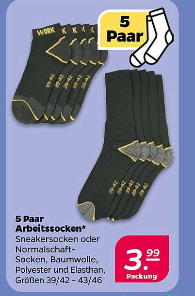 5 Paar Arbeitssocken* Sneakersocken oder Normalschaft-Socken, Baumwolle, Polyester und Elasthan, Größen 39/42 - 43/46