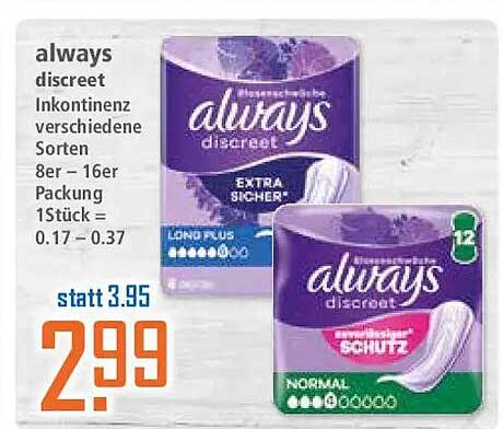 always discreet Inkontinenz verschiedene Sorten 8er- – 16er Packung 1Stück = 0.17 – 0.37