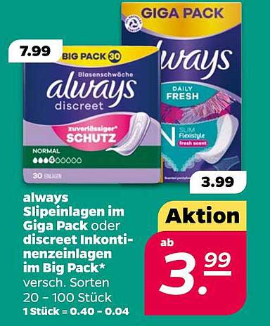 always Slipeinlagen im Giga Pack oder discreet Inkontinenzeinlagen im Big Pack* versch. Sorten 20 - 100 Stück 1 Stück = 0.40 - 0.04