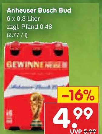 Anheuser Busch Bud 6 x 0,3 Liter zzgl. Pfand 0.48 (2.77 / l)