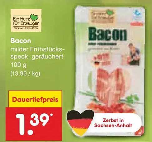 Bacon milder Frühstücksspeck, geräuchert 100 g (13.90 / kg)