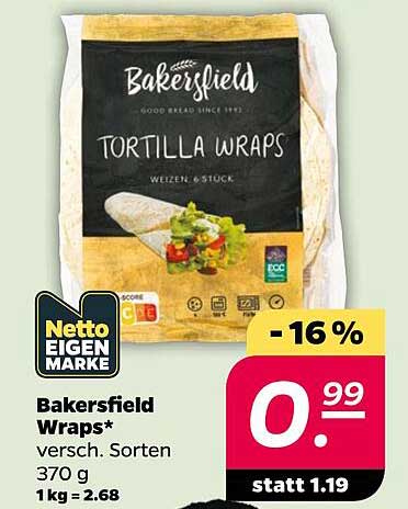 Bakersfield Wraps* versch. Sorten 370 g 1 kg = 2.68