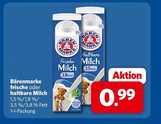 Bärenmarke frische oder haltbare Milch 1,5 %/1,8 %/3,5 %/3,8 % Fett 1-l-Packung
