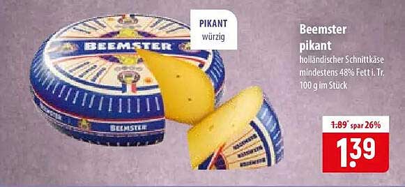 Beemster pikant holländischer Schnittkäse mindestens 48% Fett i.Tr. 100 g im Stück