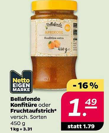 Bellafonde Konfitüre oder Fruchtaufstrich* versch. Sorten 450 g 1kg = 3.31
