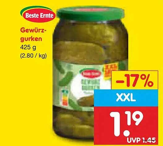 Beste Ernte Gewürzgurken 425 g (2.80 / kg)