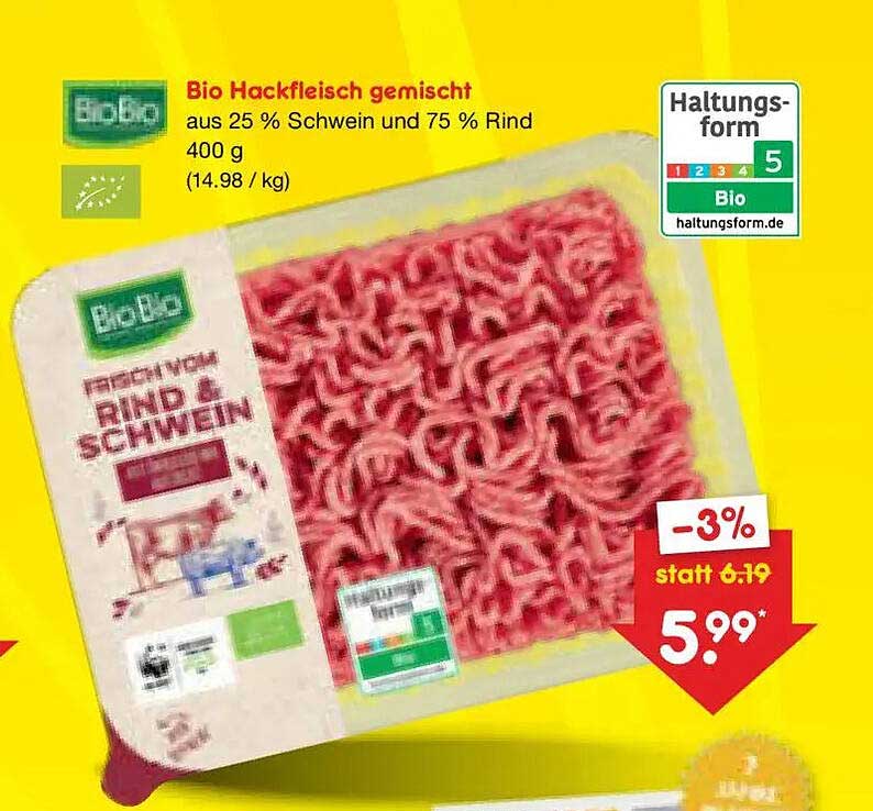 Bio Hackfleisch gemischt aus 25 % Schwein und 75 % Rind 400 g