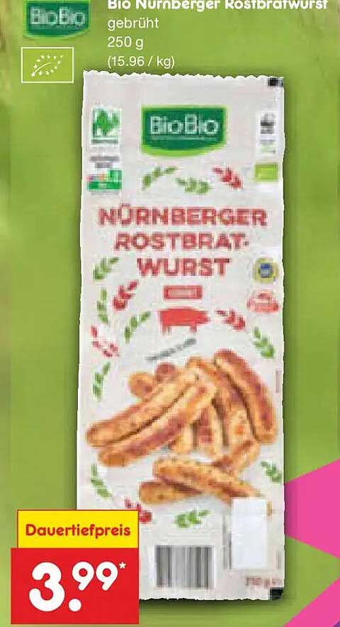 Bio Nürnberger Rostbratwurst gebrüht 250 g (15.96 / kg)