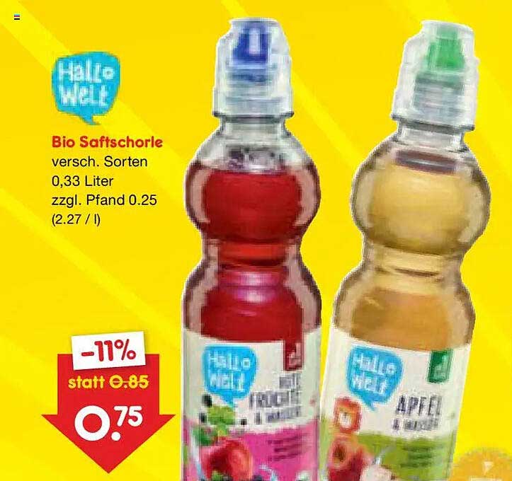 Bio Saftschorle versch. Sorten 0,33 Liter zzgl. Pfand 0.25 (2.27 / l)