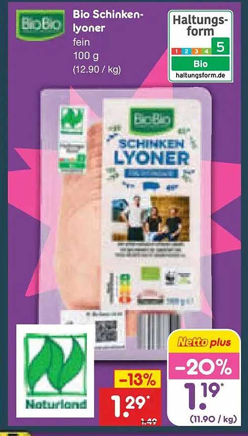 Bio Schinken-lyoner fein 100 g (12.90 / kg)