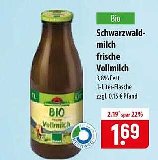 Bio Schwarzwald-milch frische Vollmilch 3,8% Fett 1-Liter-Flasche zzgl. 0,15 € Pfand