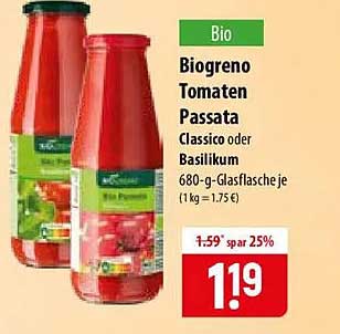 Bioorganische Tomaten Passata Classico oder Basilikum 680-g-Glasflasche