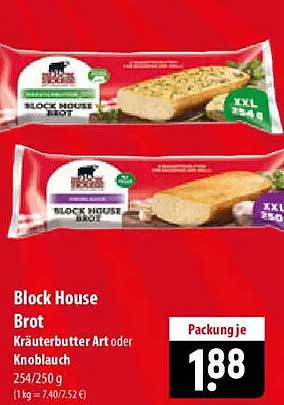Block House Brot Kräuterbutter Art oder Knoblauch 254/250 g