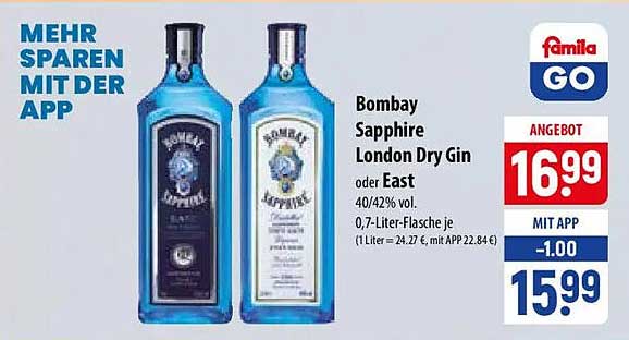 Bombay Sapphire London Dry Gin oder East 40/42% vol., 0,7-Liter-Flasche je