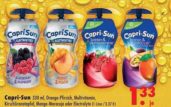 Capri-Sun 330 ml, Orange-Pfirsich, Multivitamin, KirschGranatapfel, Mango-Maracuja oder Electrolyte (1 Liter / 3.37 €)