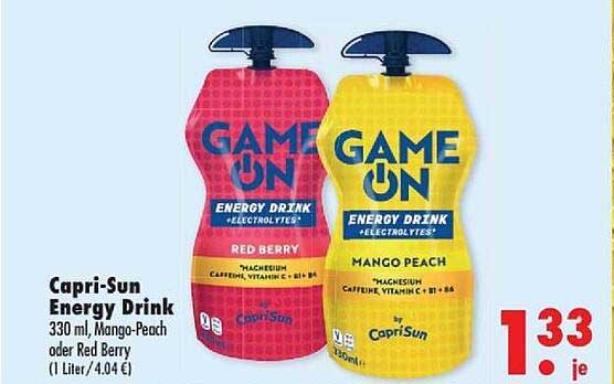 Capri-Sun Energy Drink 330 ml, Mango-Peach oder Red Berry