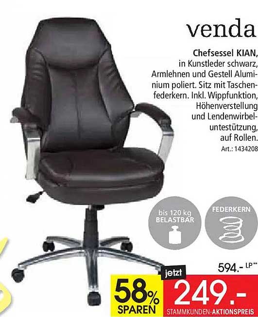 Chefsessel KIAN, in Kunstleder schwarz, Armlehnen und Gestell Aluminium poliert, Sitz mit Taschenfederkern, inkl. Wippfunktion, Höhenverstellung und Lendenwirbelunterstützung, auf Rollen.