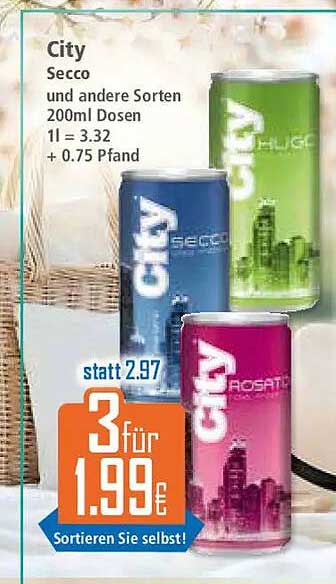 City Secco und andere Sorten 200ml Dosen 1l = 3.32 + 0.75 Pfand