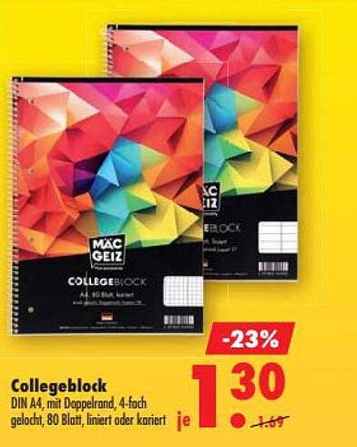 Collegeblock DIN A4, mit Doppelrand, 4-fach gelocht, 80 Blatt, liniert oder kariert