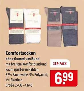 Comfortsocken ohne Gummi am Bund mit breitem Komfortbund und kaum spürbaren Nähten 87% Baumwolle, 9% Polyamid, 4% Elasthan Größe 35/38–43/46 3ER-PACK