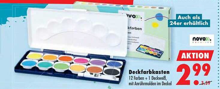 Deckfarbkasten 12 Farben + 1 Deckweiß, mit Anrührmulden im Deckel