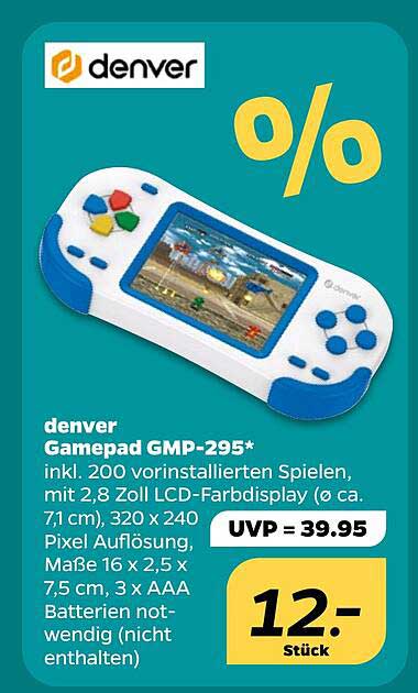 denver Gamepad GMP-295* inkl. 200 vorinstallierten Spielen, mit 2,8 Zoll LCD-Farbdisplay (ø ca. 7,1 cm), 320 x 240 Pixel Auflösung, Maße 16 x 2,5 x 7,5 cm, 3 x AAA Batterien notwendig (nicht enthalten)