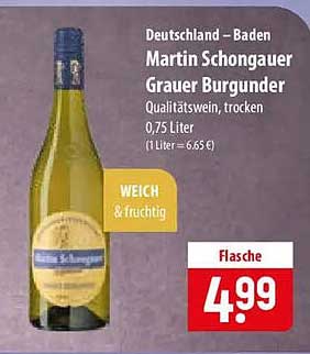 Deutschland – Baden Martin Schongauer Grauer Burgunder Qualitätswein, trocken 0,75 Liter (1 Liter = 6,65 €)