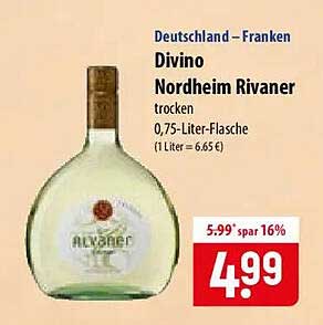 Deutschland – Franken Divino Nordheim Rivaner trocken 0,75-Liter-Flasche (1 Liter = 6,65 €)