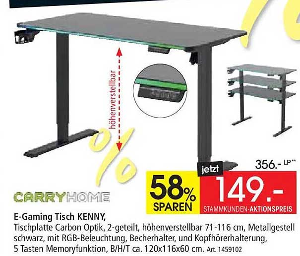 E-Gaming Tisch KENNY, Tischplatte Carbon Optik, 2-geteilt, höhenverstellbar 71-116 cm, Metallgestell schwarz, mit RGB-Beleuchtung, Becherhalter, und Kopfhörerhalterung, 5 Tasten Memoryfunktion, B/H/T ca. 120x116x60 cm. Art. 1459102