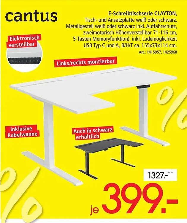 E-Schreibtischserie CLAYTON, Tisch- und Ansatzplatte weiß oder schwarz, Metallgestell weiß oder schwarz inkl. Auffahrschutz, zweimotorisch Höhenverstellbar 71-116 cm, 5-Tasten Memoryfunktion), inkl. Lademöglichkeit USB Typ C und A, B/H/T ca. 155x73x114 cm