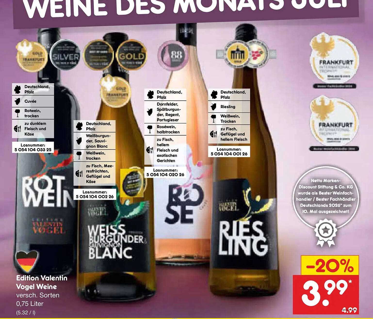 Edition Valentin Vogel Weine versch. Sorten 0,75 Liter