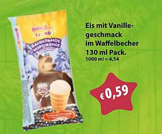 Eis mit Vanillegeschmack im Waffelbecher 130 ml Pack. 1000 ml = 4,54
